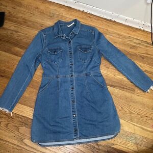 Free People Denim Button Front Mini Dress Medium Wash Long Sleeve Blue Small